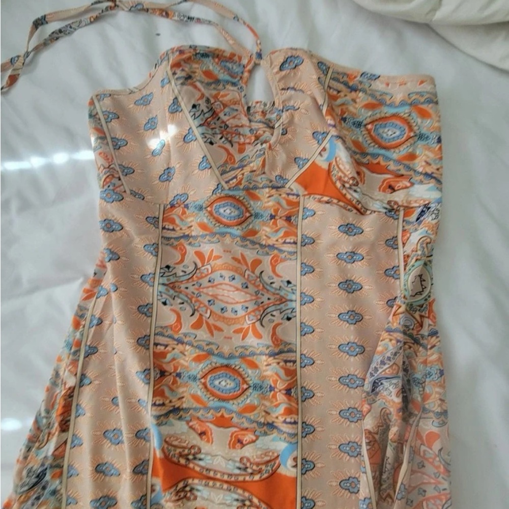 Boho Paisley Floral Print Tie Backless Ruched Bust Ruffle Hem Halter Dress - Picture 7 of 7